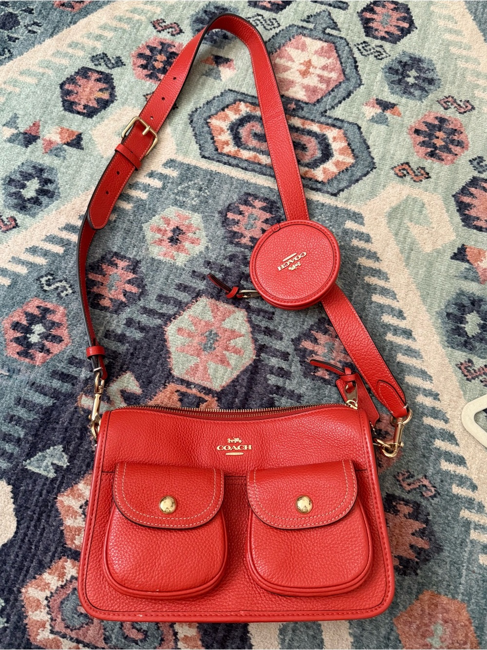Coach Red Pebbled Leather Crossbody Bag with Coin Pouch
